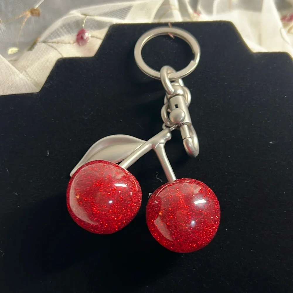 Red Cherry Bag Charm / Key Chain Silvertone hardware - Picture 1 of 2
